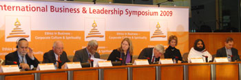 Panelists at the conference (L to R): Mr. Grand Rabbi Marc Rapha&euml;l Guedj, Director of Fondation Racines et Sources; G&uuml;nter Verheugen, Vice‐President of the European Commission; Mr. Nirj Deva, Member of European Parliament, U.K.; Ms. Erika Mann Member of European Parliament, Germany; Prof. Ruud Lubbers, former Prime Minister of the Netherlands; on Brigitte Mohn, member of the executive Board, Bertelsmann Foundation; Swami Pragyapad, International Faculty, The Art of Living.