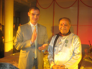 The Ambassador of France to India, Mr J&eacute;r&ocirc;me Bonnafont, conferring the distinction of Chevalier dans l'Ordre des Arts et des Lettres on Classical flute exponent Pandit Hariprasad Chaurasia