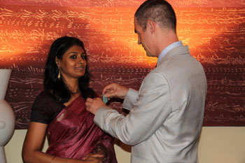 French Ambassador to India Jérôme Bonnafont conferring the 'Knight of the Order of Art and Letters' (Chevalier dans l'Ordre des Arts et des Lettres) honour on noted film actor and director Nandita Das in New Delhi on Friday