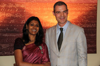 French Ambassador to India Jérôme Bonnafont with Nandita Das in New Delhi on Friday