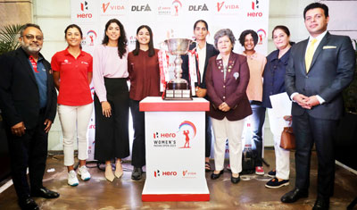 From Left to Right: Bharatendu Kabi, Head - Corporate Communication and Corporate Social Responsibility (CSR), Hero MotoCorp; Tvesa Malik; Gaurika Bishnoi, Jahanvi Bakshi; Diksha Dagar; Champika Sayal, Secretary General, WGAI; Hitaashee Bakshi; Kavita Singh, President, WGAI and Tusch Daroga, VP-Operations, DLF Golf and Country Club with the Hero Women's Indian Open trophy