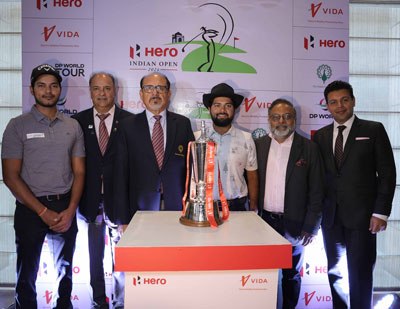(From left to right): Golfer Manu Gandas; Brijinder Singh, President, Indian Golf Union; SK Sharma, Chairman – HIO Committee; Golfer Aman Raj;  Bharatendu Kabi, Head - Corporate Communications & CSR, Hero MotoCorp;  Tusch Daroga, VP-Operations, DLF Golf & Country Club, with the Hero Indian Open trophy