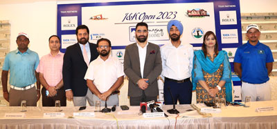 (L - R) Indian professional golfer Om Prakash Chouhan; Sachin Dev Singh, Additional Secretary, Tourism; Uttam Singh Mundy, CEO, PGTI, Manav Gupta, Secretary, Jammu Tawi Golf Course; Dr. Syed Abid Rashid Shah, Secretary, Tourism, J&K; Amarjeet Singh, Special Secretary to Government, J&K Tourism Department; Ms. Sunaina Sharma Mehta, Joint Director, Tourism, Jammu; and Indian professional golfer Akshay Sharma, at the Press Conference in Jammu on Tuesday