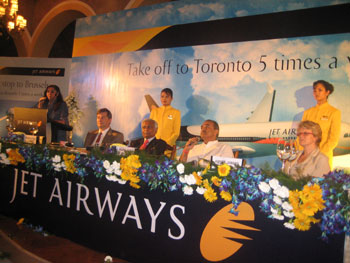 Canadian Deputy Head of Mission Kenneth Macartney, Jet Airways Chairman Naresh Goyal, Civil Aviation Minister Praful Patel and Belgium Deputy Head of Mission Anne-France Jamart, at New Delhi to announce the inauguration of Jet Áirways' service on the  Delhi-Brussels-Toronto sector.