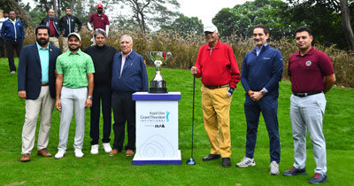 PGTI chief executive Uttam Singh Mundy (from left to right) defending champion Varun Parikh, tournament host Kapil Dev, Vishesh C. Chandiok of Grant Thornton Bharat and DLF Golf & Country Club vice-president Tusch Daroga with the tournament trophy at the event launch on Tuesday