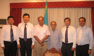 Kazakh Dy Foreign Minister Nurlan Yermekbayev, Ambassador Dr Kairat Umarov, Counsellor Kairat Akhmetalim with senior Indian diplomatic journalists
