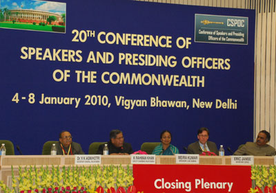 Lok Sabha Speaker Meira Kumar addressing the closing plenary of the Conference of Speakers and Presiding Officers of the Commonwealth in Vigyan Bhawan on January 6, 2010.