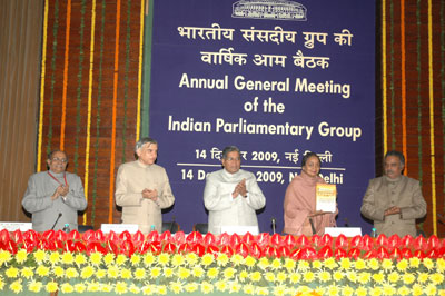 The Lok Sabha Speaker, Mrs Meira Kumar, releasing the sixth revised Edition of the book Practice and Procedure of Parliament by M.N. Kaul and S.L. Shakdher, brought out by the Lok Sabha Secretariat, in the Parliament House Annexe on December 14, 2009. Also seen in the Photograph are (to her left) Mr P.D.T. Achary, Secretary General, Lok Sabha, (Editor of the present edition of the book), Mr Rahman Khan, Deputy Chairman, Rajya Sabha, Mr Pawan Kumar Bansal, Union Minister for Parliamentary Affairs and Dr. V.K. Agnihotri, Secretray-General, Rajya Sabha.