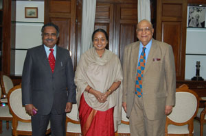 Dr. Swaraj Paul called on Lok Sabha Speaker Meira Kumar in Parliament House on February 23, 2010. Also seen in the Photograph is Lok Sabha Secretary-General P.D.T. Achary.