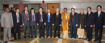 A Parliamentary Delegation from Vietnam led by the Chairman of the National Assembly of Vietnam Mr. Nguyen Phu Trong called on Lok Sabha Speaker Meira Kumar on February 24, 2010 in Parliament Library Building. Also seen in the photograph is Lok Sabha Secretary-General P.D.T. Achary