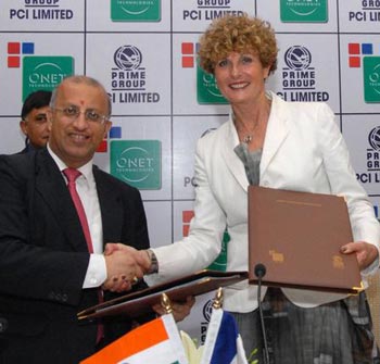 PCI Chairman Surinder Mehta and Onet Technologies President Dominique Mouillot after signing an agreement to set up a joint venture to provide various services to the Indian nuclear power industry