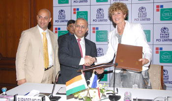 PCI Chairman Surinder Mehta and Onet Technologies President Dominique Mouillot after signing an agreement to set up a joint venture to provide various services to the Indian nuclear power industry