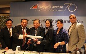 (From Left) India Head of the Philippines Department of Tourism Glen Agustin; Chairman, Stic Group, the GSA for Philippine Airlines in India Subhash Goyal; President and Chief Operating Officer Jaime J Bautista; PAL Executive Vice President-Commercial Group Ms Vivienne K. Tan;  PAL spokesperson Ms Cielo C Villaluna; and Philippines Citi Country Officer Sanjiv Vohra at the press conference in New Delhi
