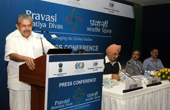 Union Minister for Overseas Indian Affairs Vayalar Ravi addressing the first Press Conference on 9th Pravasi Bharatiya Diwas (PBD)-2011, in New Delhi on September 22, 2010. The Secretary, Ministry of Overseas Indian Affairs, Dr. A. Didar Singh is also seen.