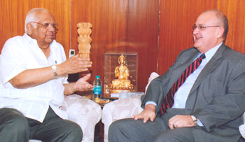 Brazil Ambassador Marco Brandao calls on Lok Sabha Speaker Somnath Chatterjee in New Delhi on July 10, 2008