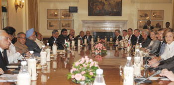 The Prime Minister, Dr. Manmohan Singh and the President of France, Mr. Nicolas Sarkozy, at the delegation level talks, in New Delhi on December 6, 2010.