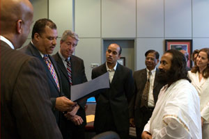 New Orleans officials presenting Poojya Sri Sri Ravi Shankar with a proclamation from the New Orleans City Council in recognition of his distinguished international service to humanity. 