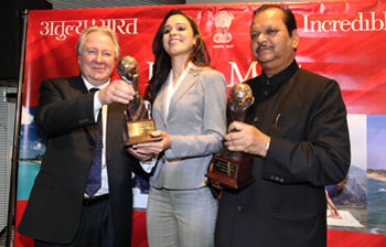 Indian Tourism Minister Subodh Kant Sahai received the Best Tourist Destination award from the Chairman World Tourism Awards Graham Cooke in London on November 8, 2011.