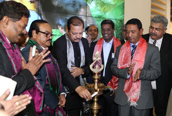 Indian Tourism Minister Subodh Kant Sahai inaugurating the Indian Pavillion at World Travel Mart-2011, in London on November 8, 2011.