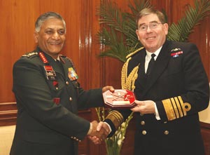 The Chief of Naval Staff, UK, Admiral Sir Mark Stanhope calls on the Chief of Army Staff, Gen. V.K. Singh, in New Delhi on January 31, 2011
