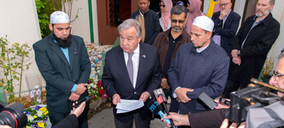 Secretary-General Ant&oacute;nio Guterres speaks to the press after visiting Al Noor Mosque in Christchurch, New Zealand, to pay respects and show solidarity for Ramadan. The Mosque was the first site of two terrorist attacks that took place on March 15, 2019. UN Photo/Mark Garten